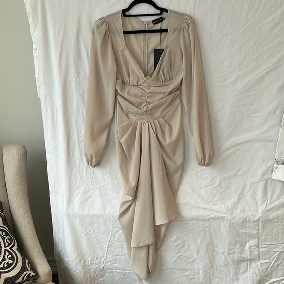 Pretty Little Thing Stone Underbust Detail Ruched Midi Dress Women Size 6 - Picture 14 of 17